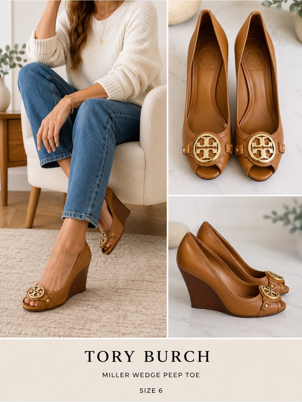 Tory Burch Tan Leather Miller Wedge Peep Toe Pumps